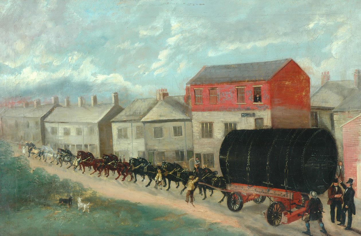 En møllekedel bliver transporteret op ad bakke på en dray af British School