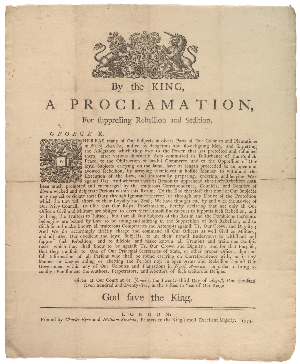 En proklamation til undertrykkelse af oprør..., 23. august 1775 af British School