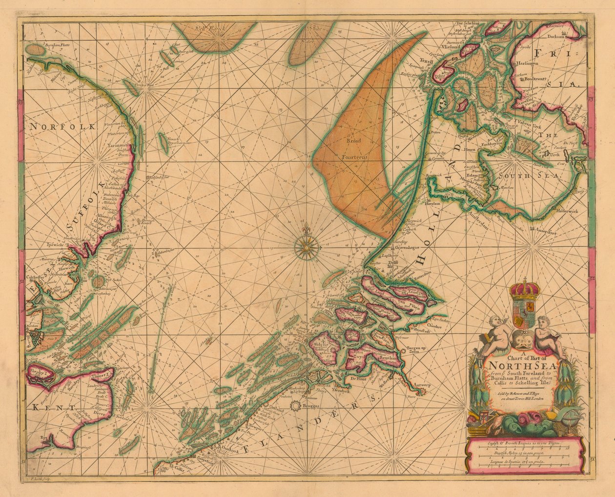 Et kort over Nordsøen fra South Foreland til Burnham Flatts og fra Callis til Schelling Isle, ca. 1700 (koloreret stik) af British School