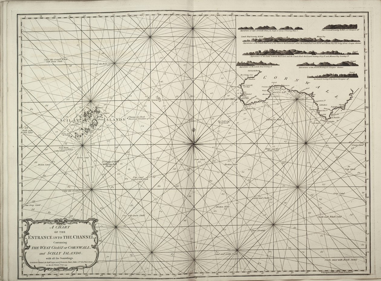 Et kort over indsejlingen til Kanalen med Cornwalls vestkyst og Scilly-øerne med alle pejlinger. af British School