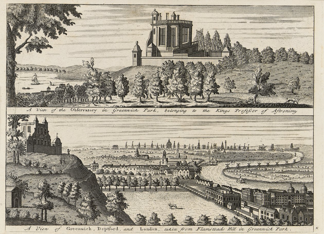 "A view of the Observatory in Greenwich Park...[and] A view of Deptford and London taken from Flamsteed Hill in Greenwich Park", ca. 1750 (kobberstik) af British School