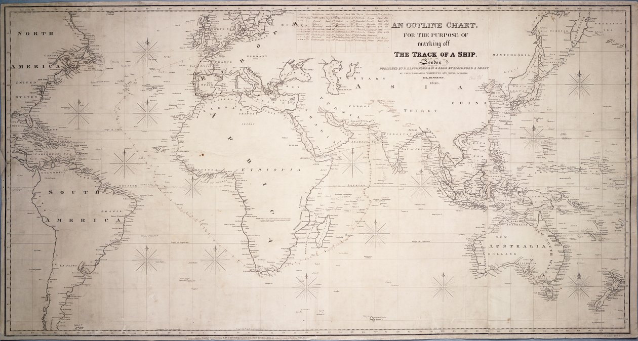 Et oversigtskort, der bruges til at afmærke et skibs rute. af British School