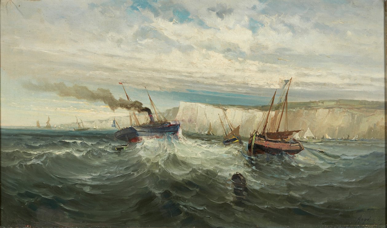 Breaking Waves at the White Cliffs of Dover (olie på lærred) af British School