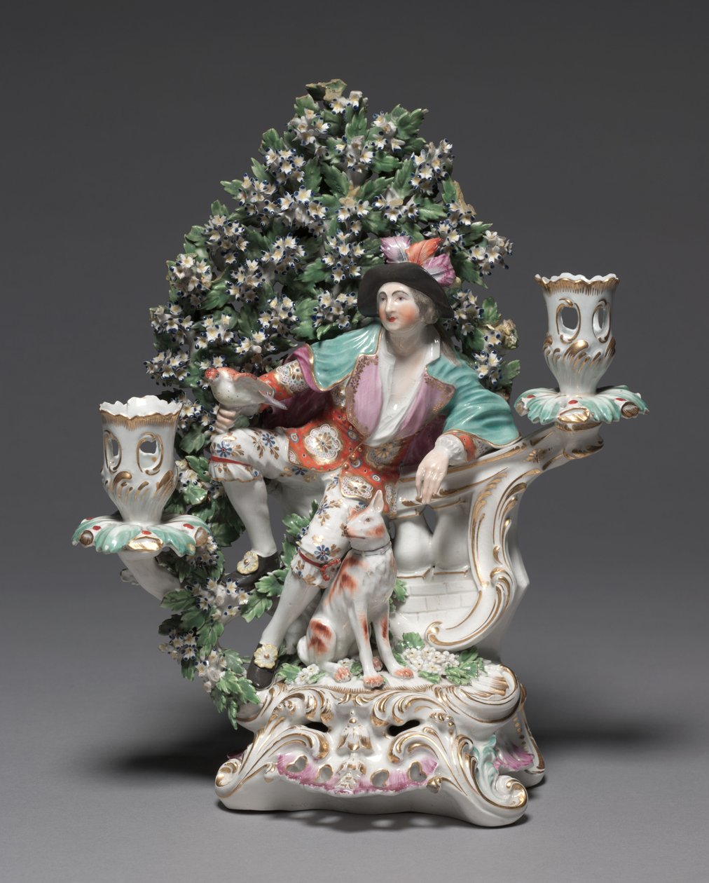 Kandelaber med hyrde og hund, fabrikant Derby Porcelain Factory (Chelsea-Derby Periode), ca. 1775 (blødt-pasta porcelæn) af British School