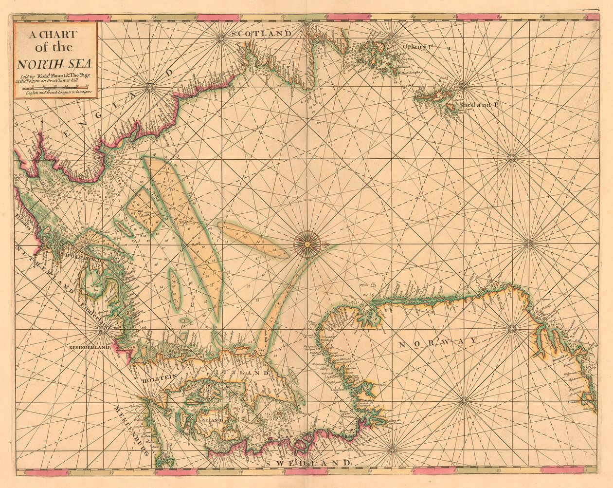 Kort over Nordsøen: Norge til Doverstrædet, ca. 1700 (koloreret stik) af British School