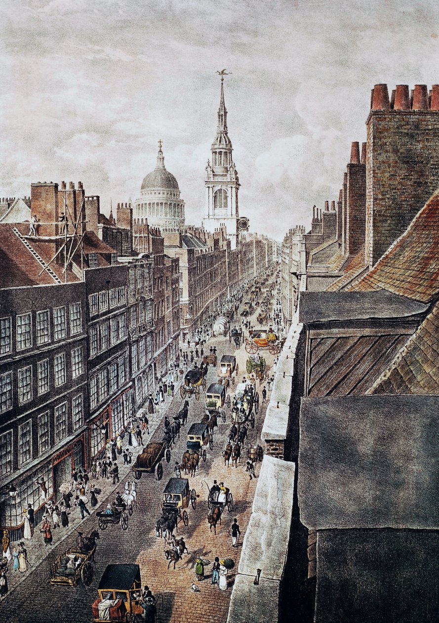 Cheapside Street i London, gravering, England, Storbritannien af British School