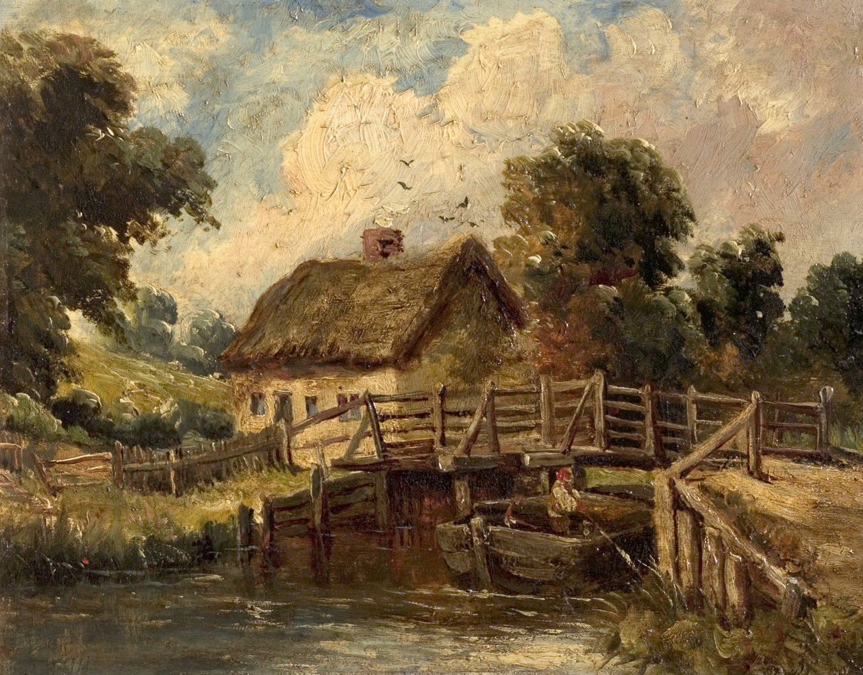 Sommerhus nær East Bergholt, Suffolk (olie på lærred) af British School