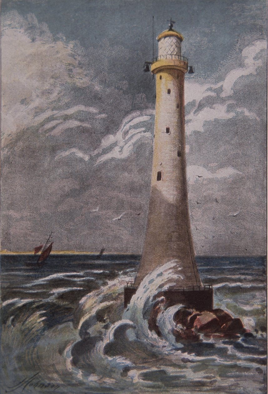 Eddystone Lighthouse, ud for Plymouth, slutningen af det 19. århundrede (farve litho) af British School