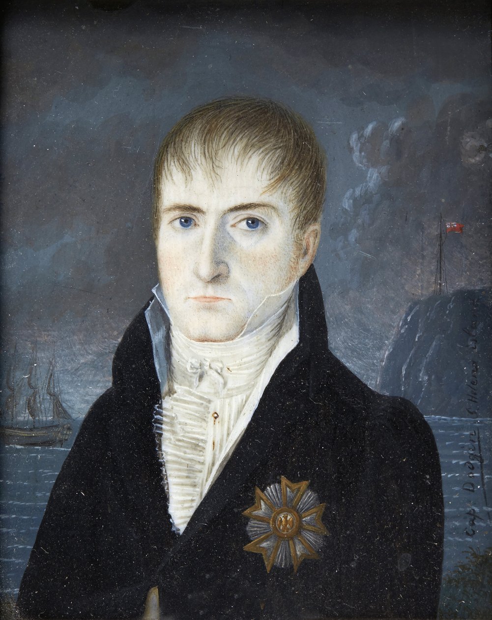 Kejser på øen Sainte-Helene - Portræt af kejser Napoleon 1. barhovedet, i sort frakke, iført den store ørneplade af Æreslegionens orden - Portræt af Napoleon Bonaparte på øen Saint Helena af kaptajn Dodgin (aktiv af British School