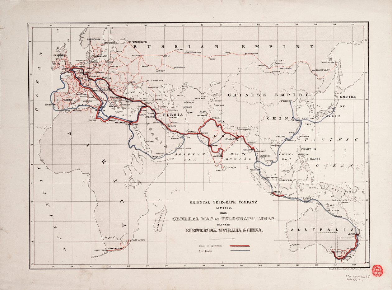 Oversigtskort over telegraflinjer mellem Europa, Indien, Australien og Kina af British School
