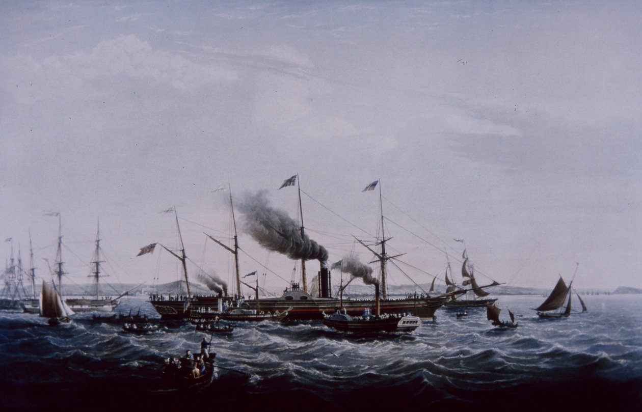 Great Western dampskib, designet af Brunel, færdiggjort i Bristol 1837 (farve litho) af British School