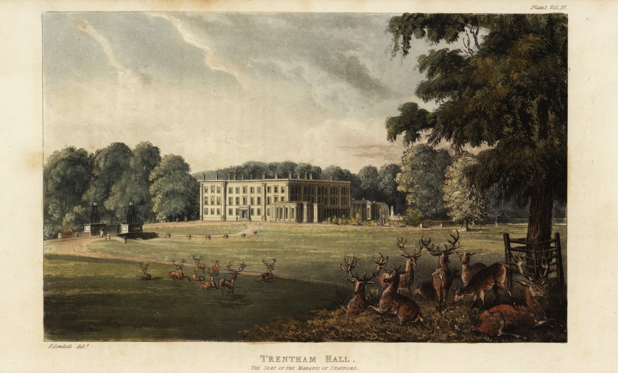 Flok hjorte foran Trentham Hall af British School