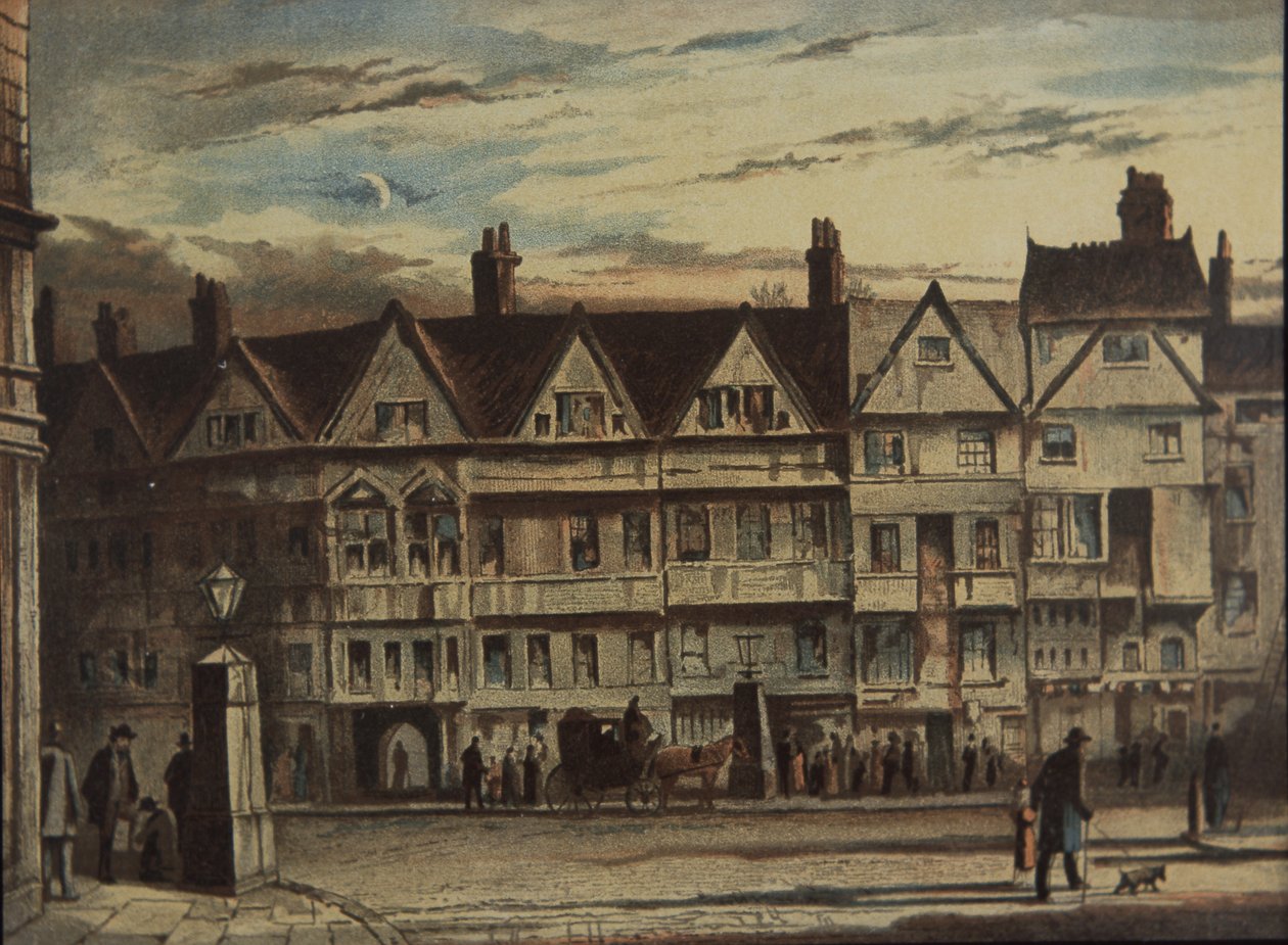 Holborn Bars, købt og restaureret af Prudential Assurance Co, ca. 1884 (farve litho) af British School
