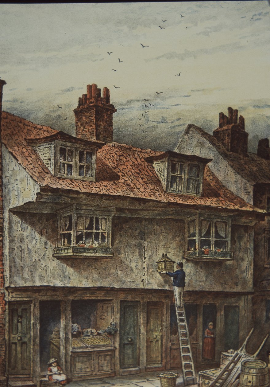 Huse på Saffron Hill, London, mellem Holborn og Clerkenwell, ca. 1883 (farve litho) af British School