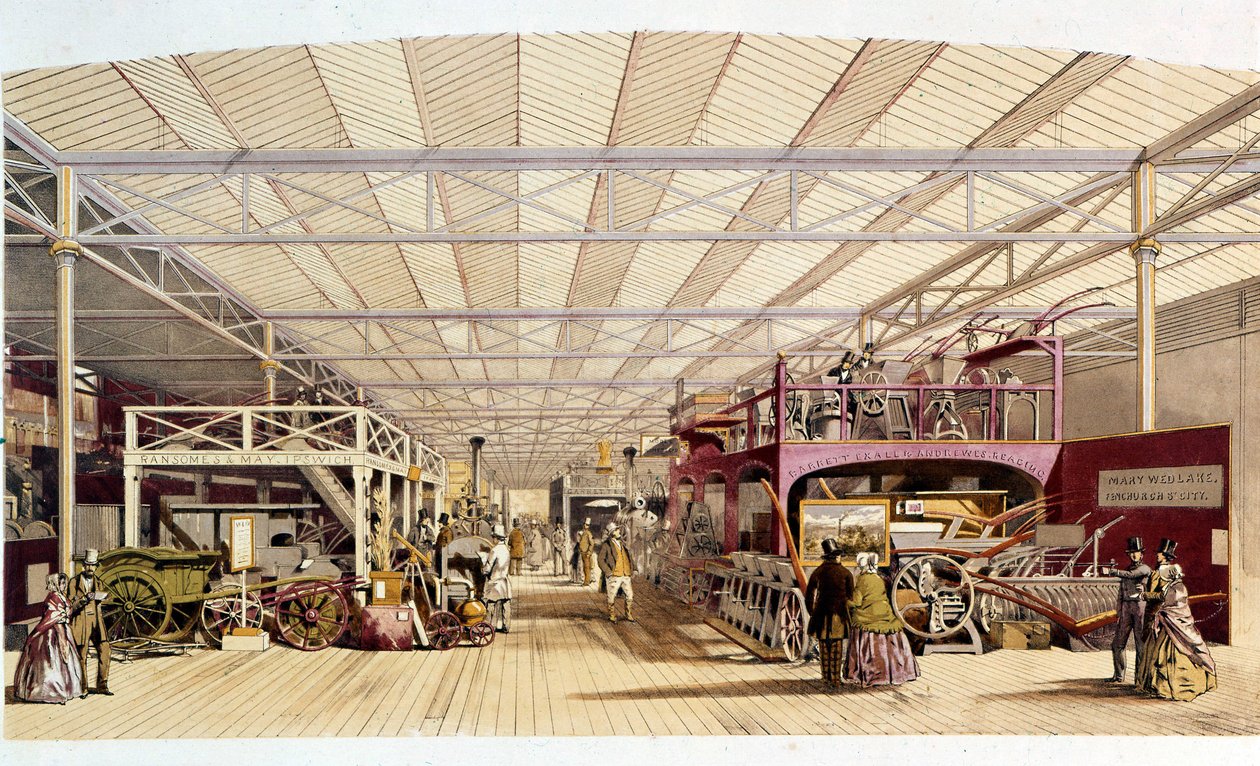 Industriel revolution: indre udsigt over landbrugsmaskinerpavillonen ved Crystal Palace, bygget af Joseph Paxton til verdensudstillingen i 1851 i London (Hyde Park) 19. århundrede af British School
