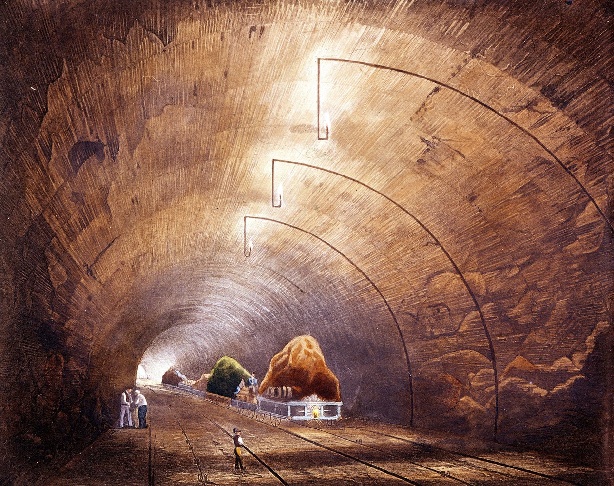 Industriel revolution: jernbanetunnel på linjen Manchester - Liverpool. Plade taget fra "" Liverpool and Manchester Railway"", London 1832. af British School