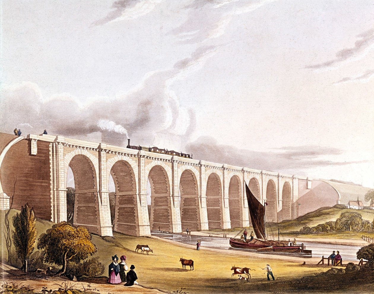 Industriel revolution: udsigt over jernbaneviadukten, der krydser Sankey-dalen. Plade taget fra "" Liverpool & Manchester Railway"", London 1832. af British School