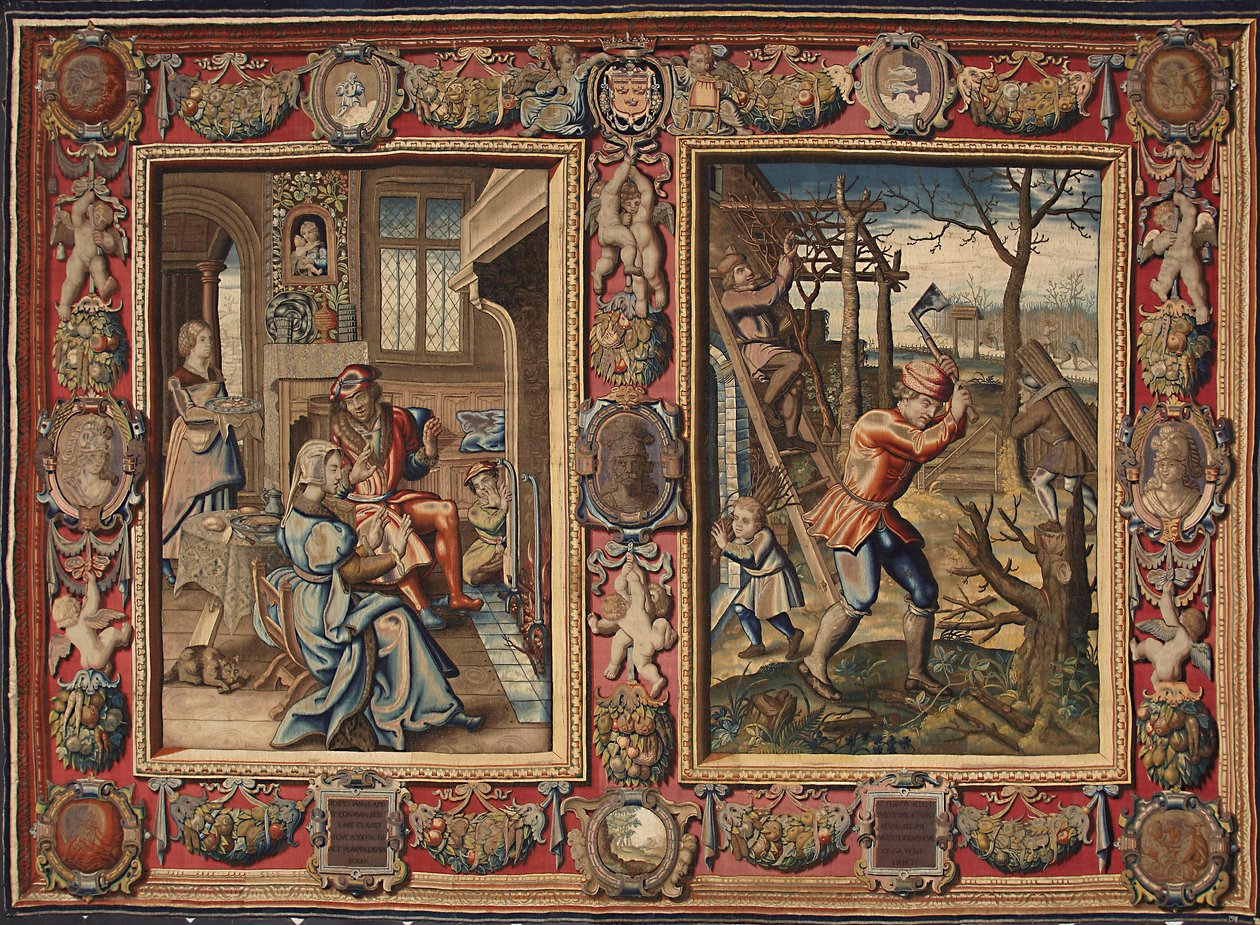 Januar og februar: "Et par ved bålet og en skovhugger"" Tapet af Mortlake-fabrikanterne. 1600-tallets gener, Musei di Strada Nuova af British School