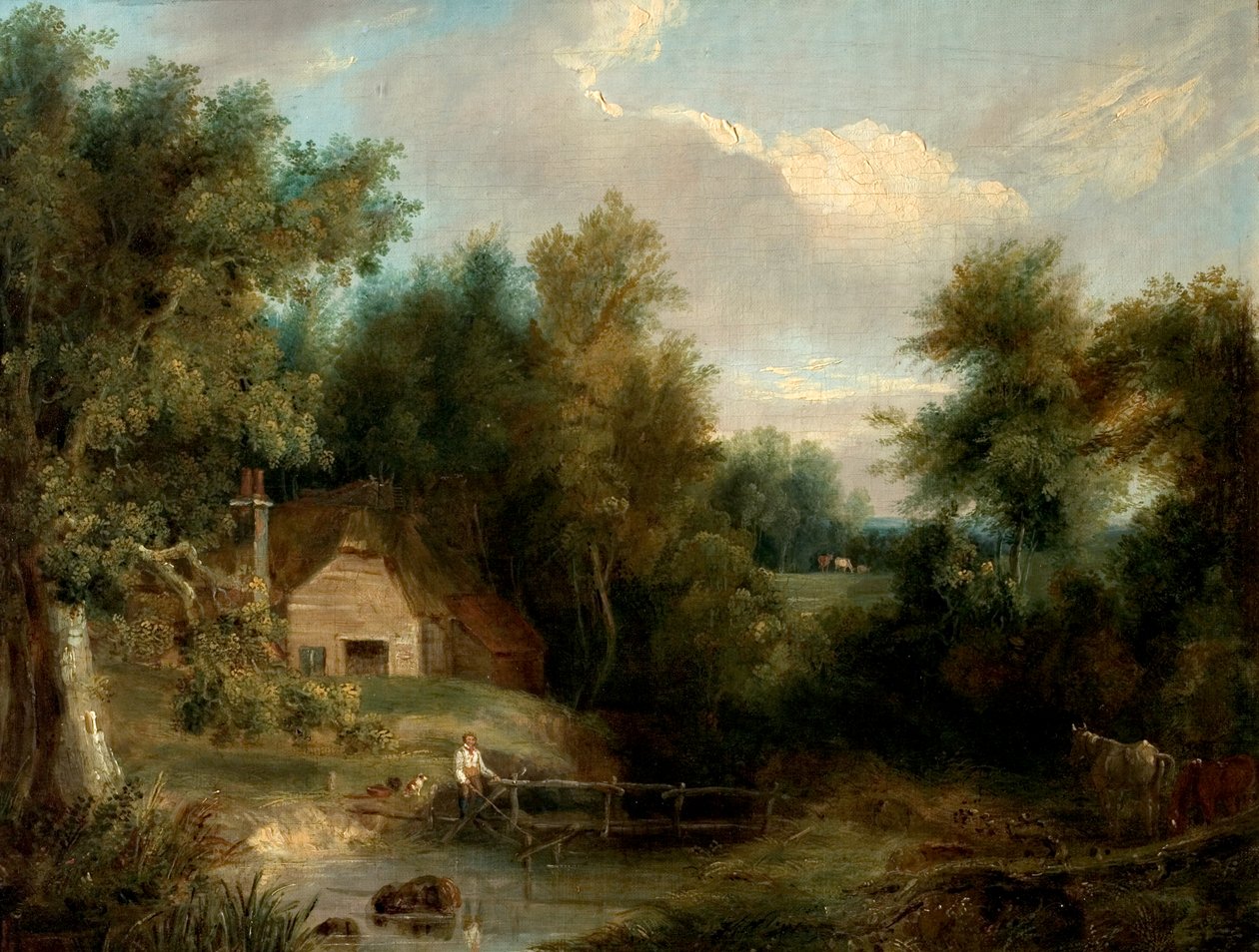 Landskab, sommerhus og en bæk med en figur og et hus (olie på lærred) af British School