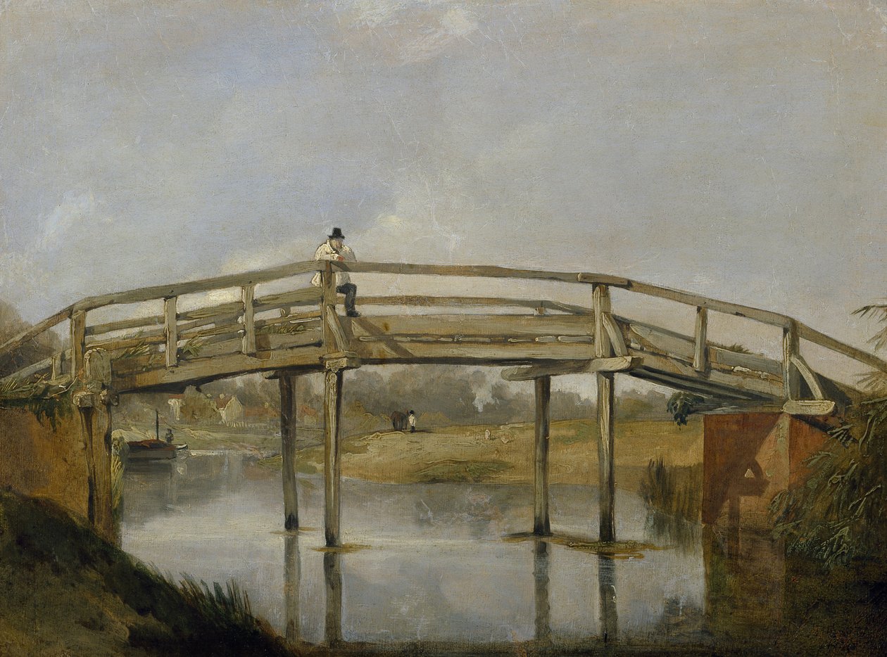 Landskab med en flod og bro, ca. 1830 (olie på lærred) af British School