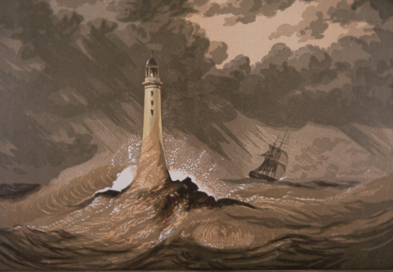 Fyrtårn advarer skibe mod sten i storm på havet (farve litho) af British School