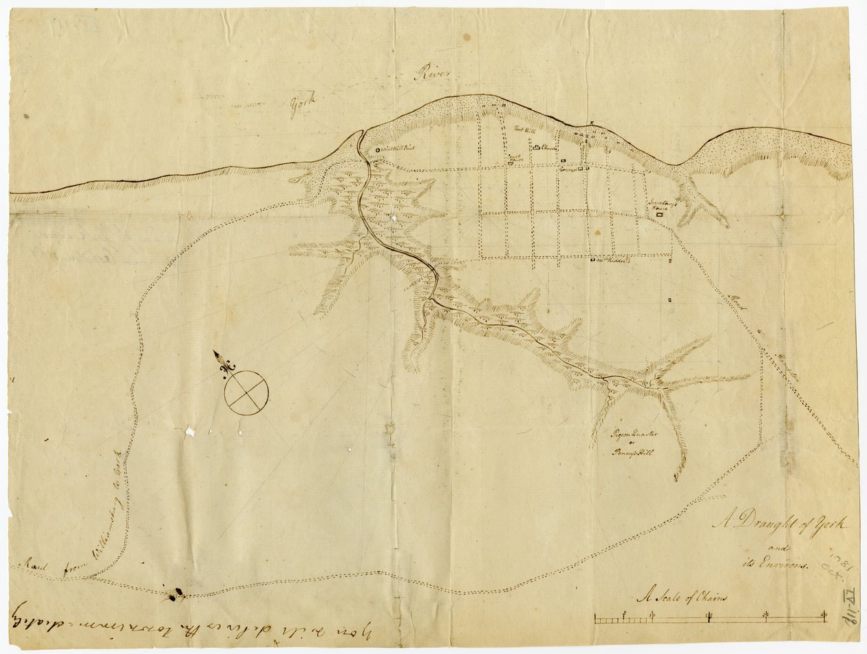 Kort over Yorktown, Virginia, oktober 1781 af British School