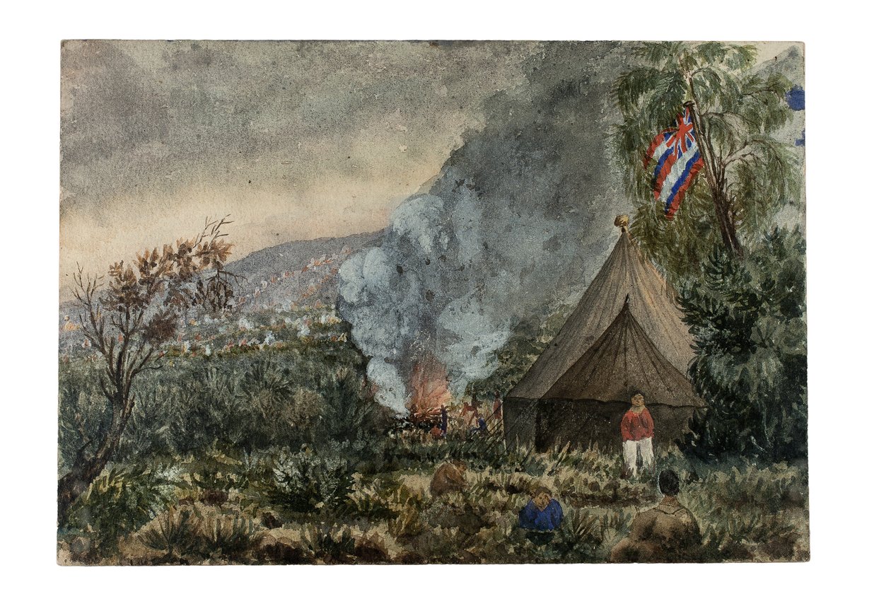 Mauna Kea vulkanen, Hawaii, marts 1859 (akvarel på papir) af British School