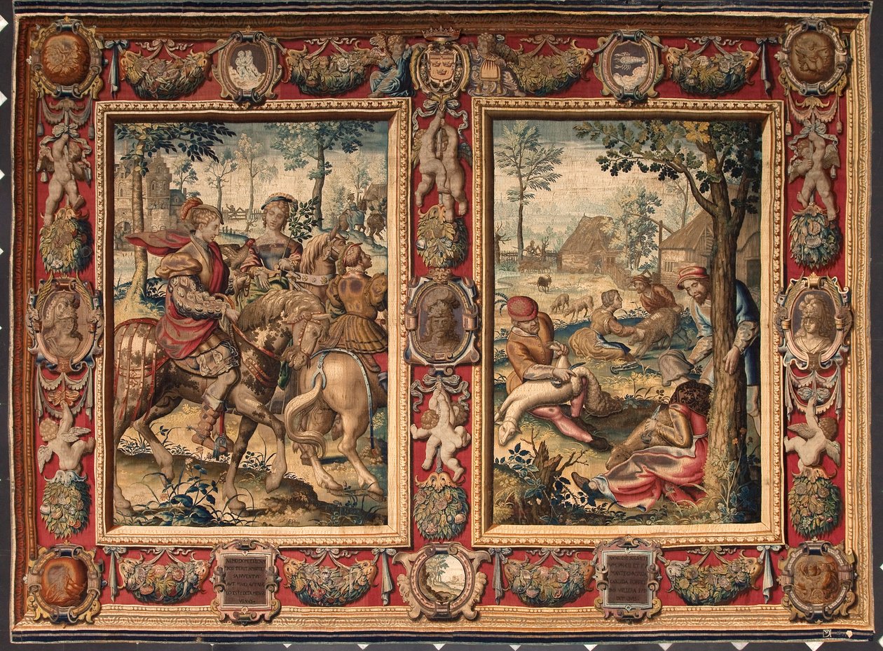 Maj og juni måned: "Jagt og klipning af får" Tapet af manufakturerne i Mortlake. Det 17. århundrede Genes, Musei di Strada Nuova af British School