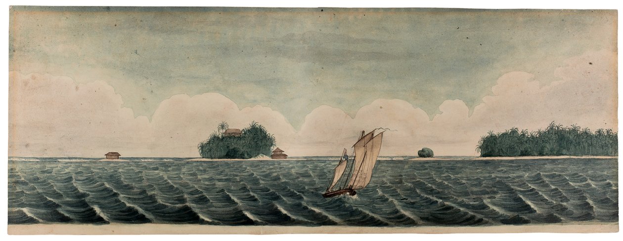 Hr. Hares residens på Cocos- eller Keelingsøerne, ca. 1830 (akvarel på papir) af British School