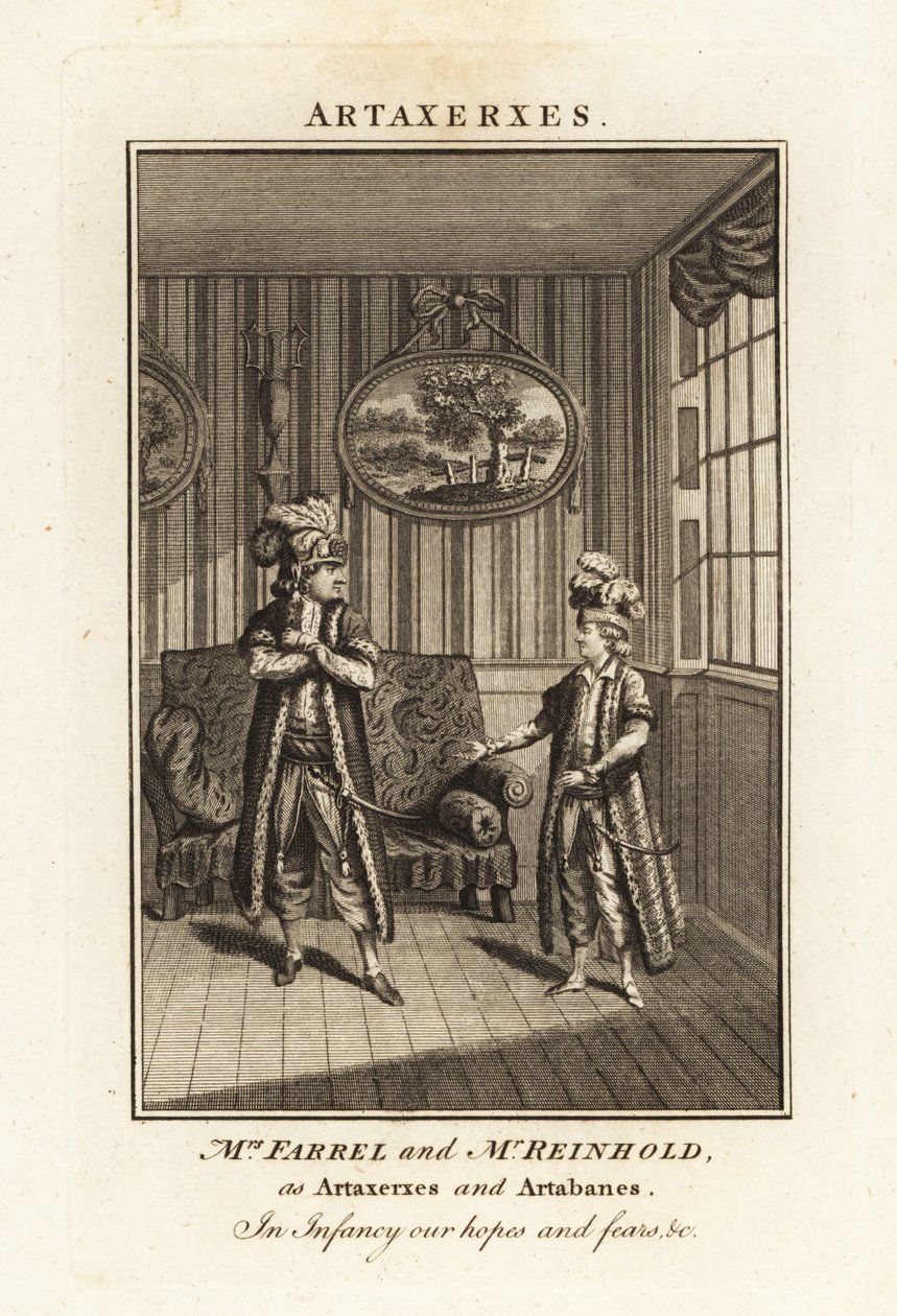 Fru Margaret Farrel og Charles Frederick Reinhold i persisk dragt som Artaxerxes og Artabanes i Thomas Arnes opera Artaxerxes af British School