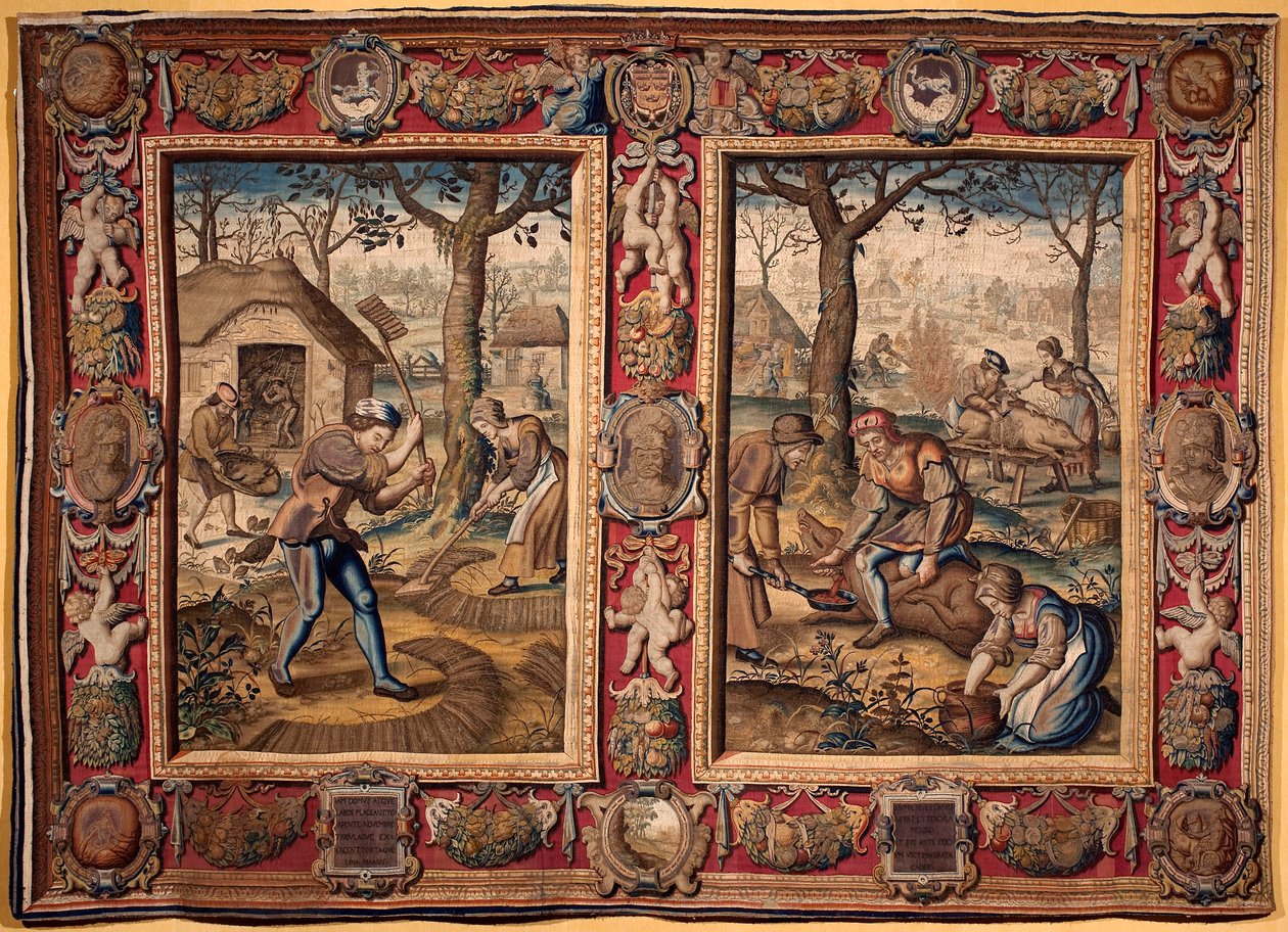 November og december: "" landbrugsarbejde og svineslagtning"" Tapet af Mortlake-fabrikanterne. 1600-tallets gener, Musei di Strada Nuova af British School