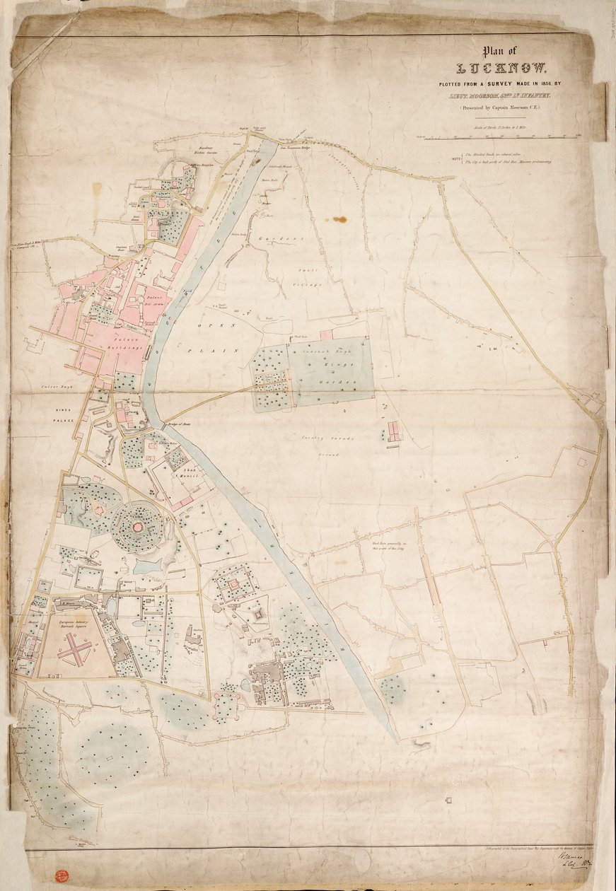 Plan over Lucknow, tegnet ud fra en opmåling foretaget i 1856 af Lieut. Moorsom, 52nd. Løjtnant i infanteriet. (Præsenteret af kaptajn Moorsom, C.E.), ca. 1856 (silke, papir) af British School