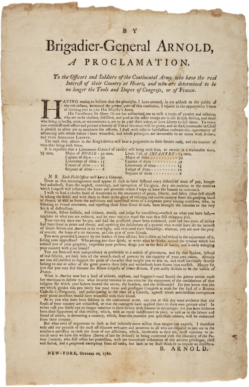 Proklamation til officerer og soldater fra den kontinentale hær, 20. oktober 1780 af British School