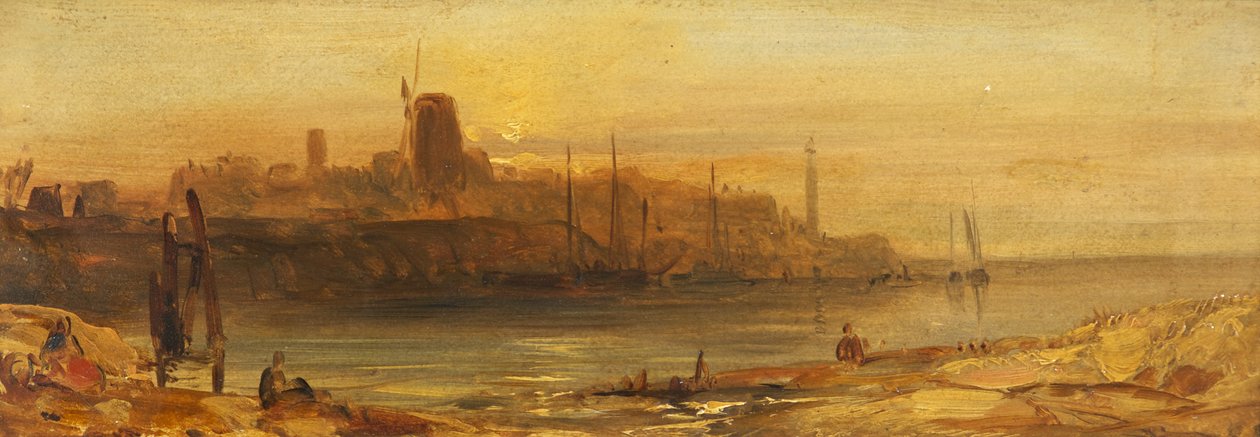 Solnedgang: Seaport og Fyrtårn, c.1825 (olie på papir, der er lagt på lærred) af British School