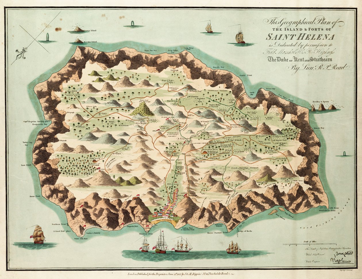Denne geografiske plan over øen Sankt Helena er med tilladelse dedikeret til feltmarskal Hans Kongelige Højhed Hertugen af Kent og Strathearn. af British School