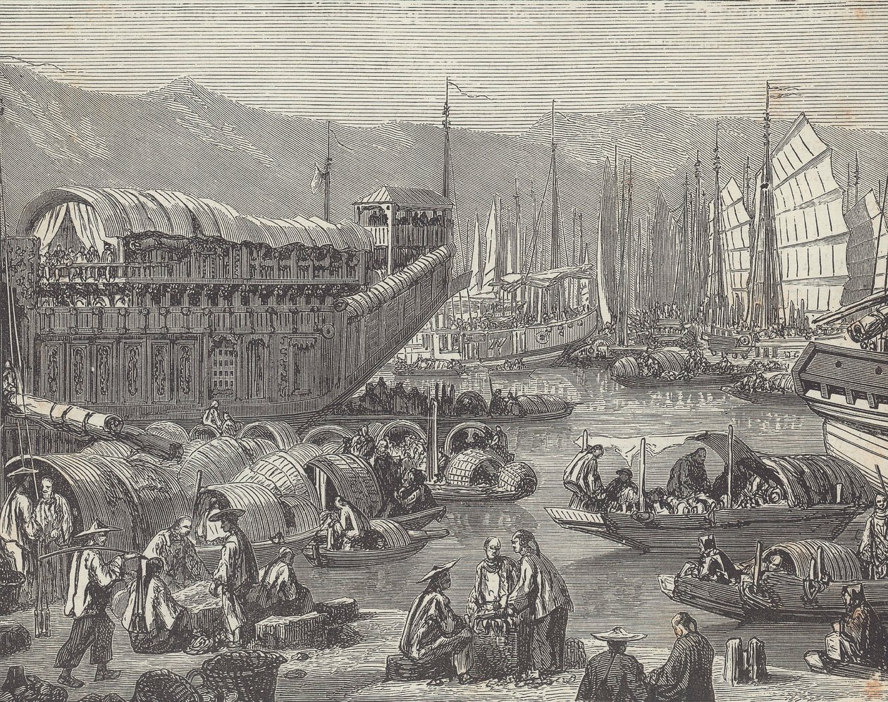 Fartøjer i travl havn, Shanghai, Kina (gravering) af British School
