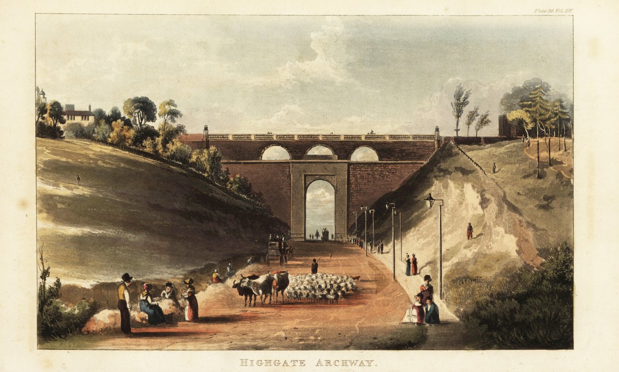 Udsigt over chauffører, der kører kvæg og får til Smithfield Market under buegangen ved Highgate Hill af British School