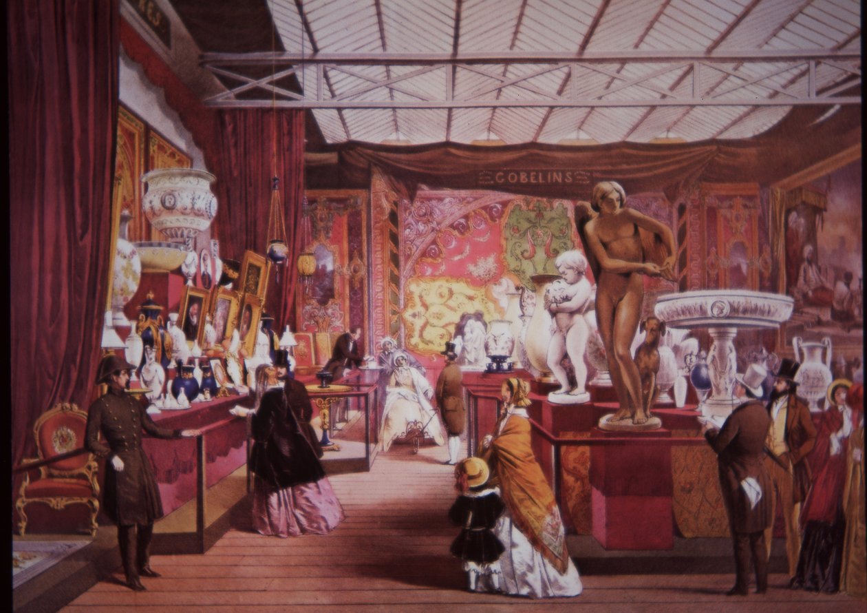 Besøgende strømmer til den store udstilling i 1851 for at se kunst- og videnskabsudstillinger af British School
