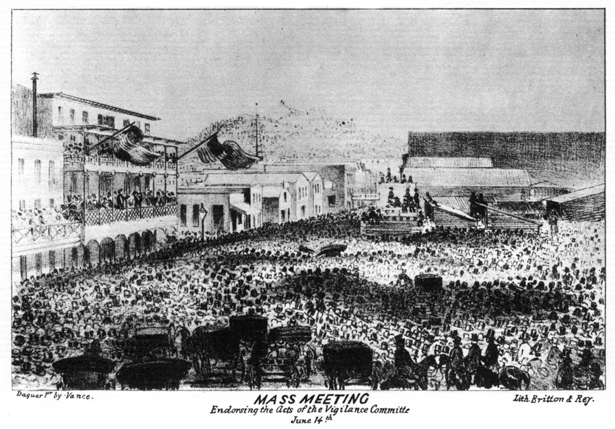 Et massemøde uden for Fort Vigilant, Sacramento, Californien, 1856 1937. af Britton and Rey