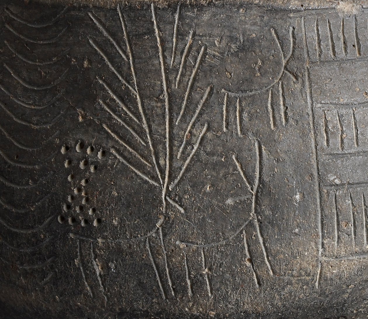 Detalje af en skål med indgraveret dekoration med hjorte fra Los Millares, Spanien, kobberalder, ca. 2000 f.Kr. keramikdetalje fra 121153 af Bronze Age
