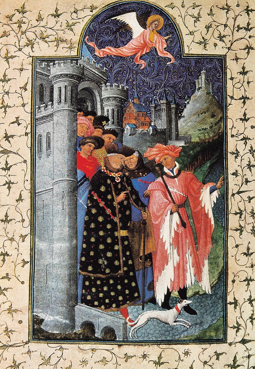 Hertug Jean de Berry (1340-1416) og hans ejendomsforvalter. Miniature af Jean Limbourg (1370-1416) for ""The Tres Riches Heures du Duc de Berry"" Circa 1440 Paris. B.N. af Brothers Limbourg