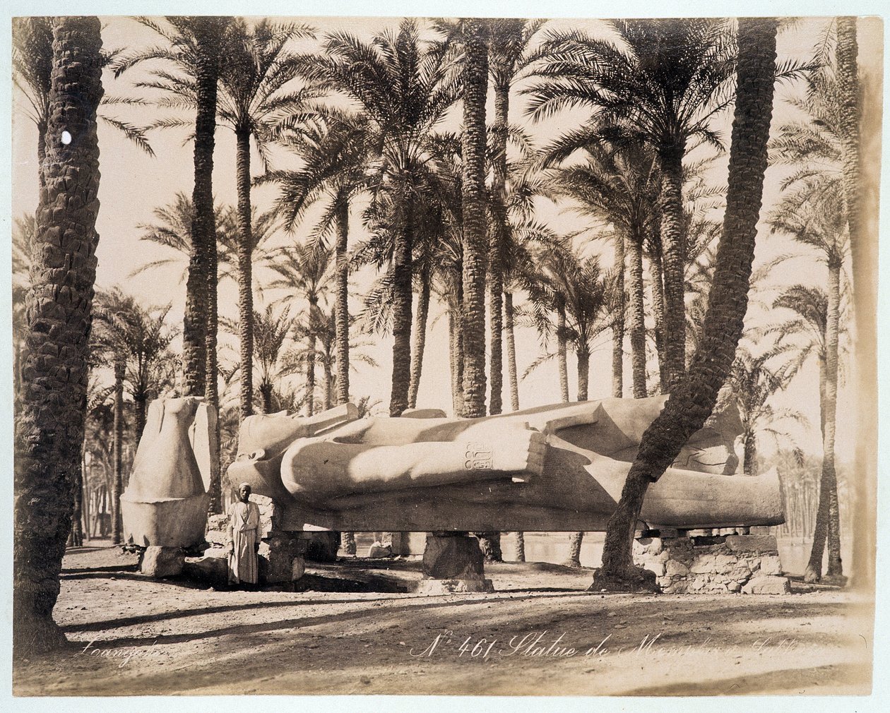 En statue af Memphis ligger i en palmelund i Egypten - fotografi af Zangali-brødrene, slutningen af det 19. århundrede af Brothers Zangaki