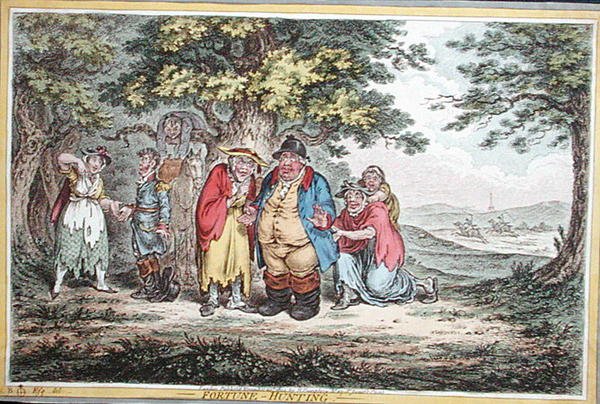 Fortune Hunting, ætset af James Gillray (1757-1815) udgivet af Hannah Humphrey i 1804 (håndfarvet radering) af Brownlow (after) North