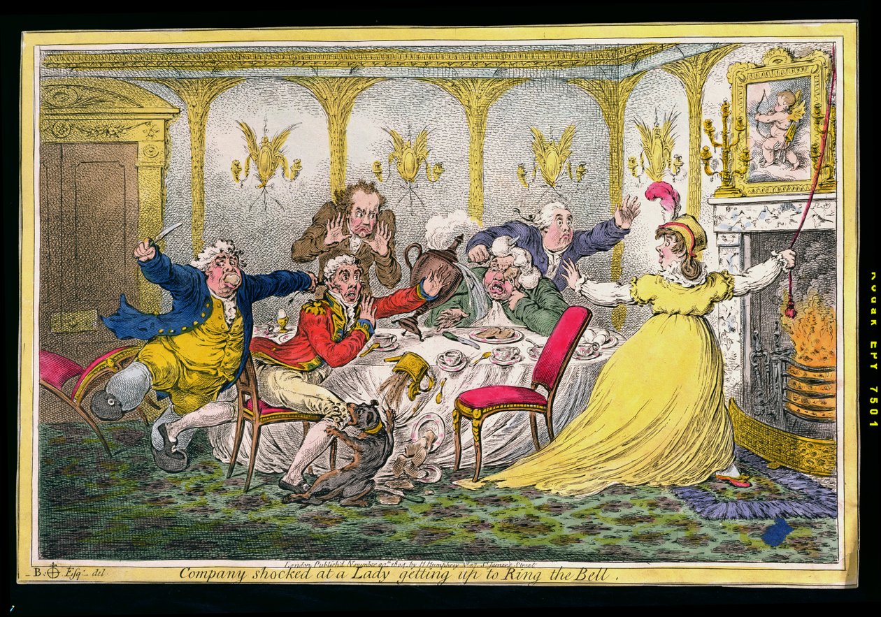 Selskab chokeret over en dame, der rejser sig for at ringe med klokken, ets af James Gillray (1756-1815) udgivet af Hannah Humphrey i 1804 (håndkoloreret radering) af Brownlow North