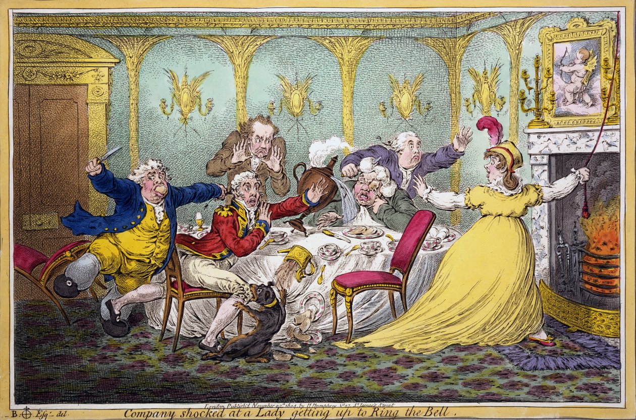Selskabet chokeret over, at en dame rejser sig for at ringe med klokken, pub. H. Humphrey, London, 1804 (håndkoloreret gravering) af Brownlow North