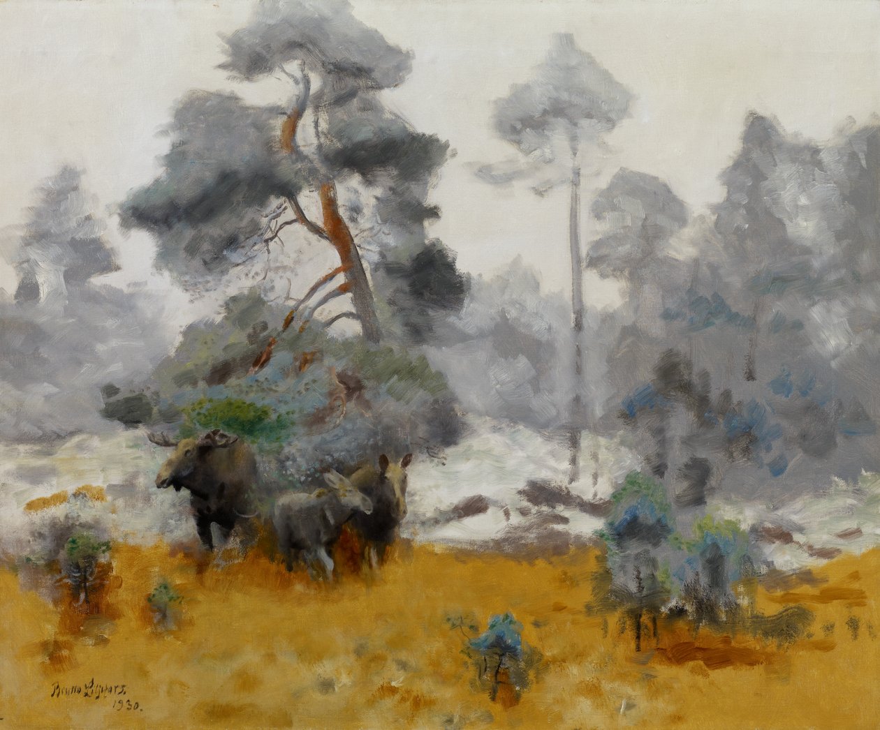 Elgfamilie på vej ind i en lysning, 1930 af Bruno Andreas Liljefors