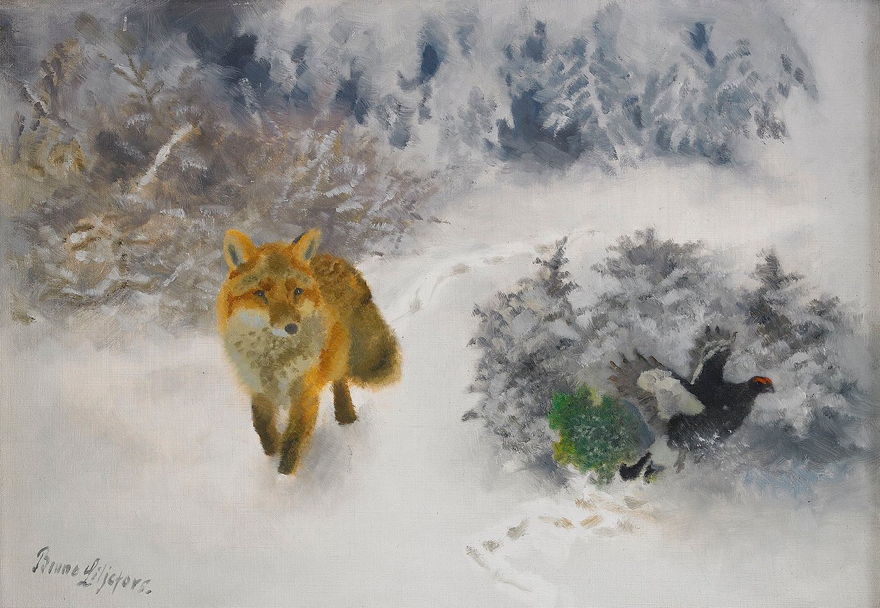 Fox and Black Grouse cock in winter landscapenSvenska: Rav och orrtupp i vinterlandskapn af Bruno Andreas Liljefors