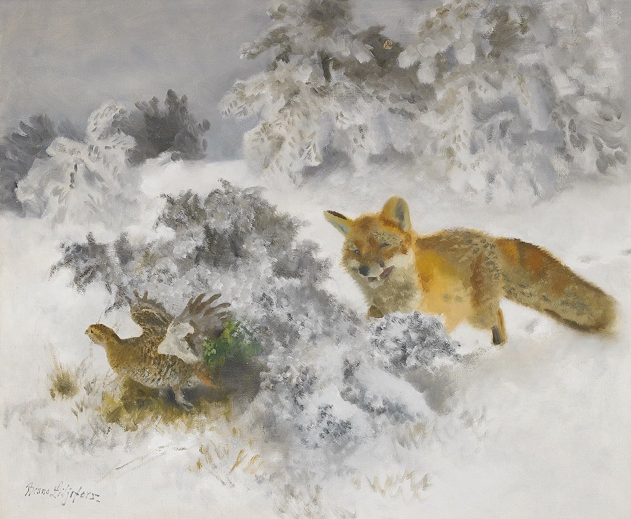 Fox and Black Grouse hen in winter landscapenSvenska: Rav och orrhona i vinterlandskapn af Bruno Andreas Liljefors