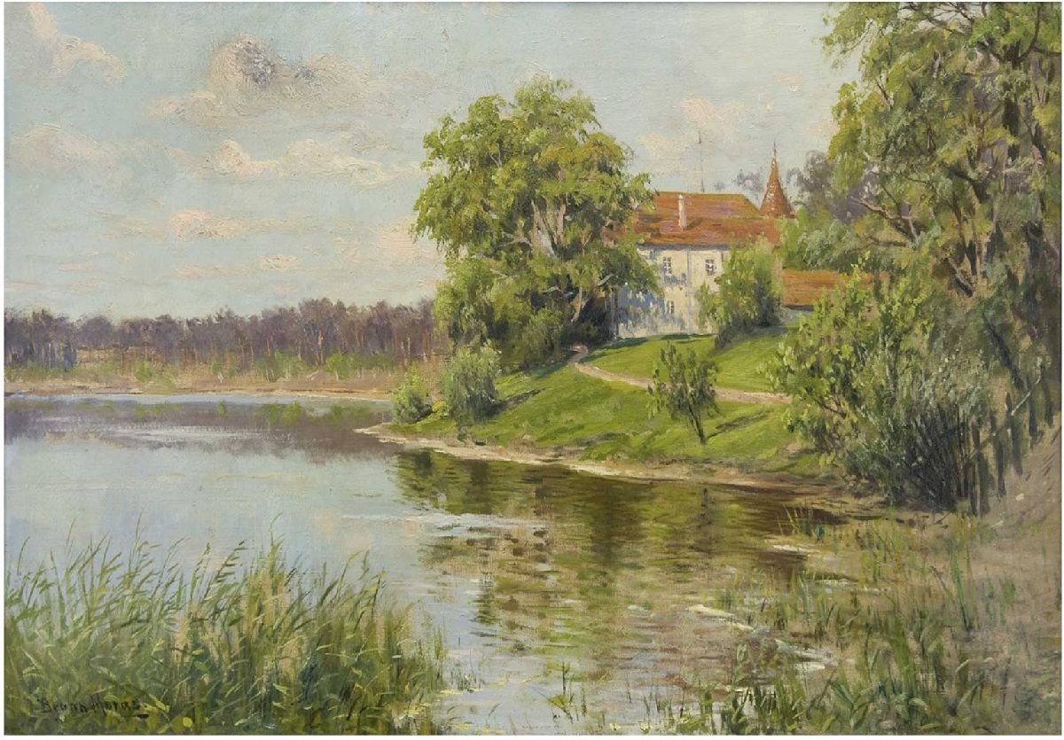 Søudsigt med PfarrhausnTysk: Strandlandskab med små sognekirkerTysk: Haus am Wannseen af Bruno Moras