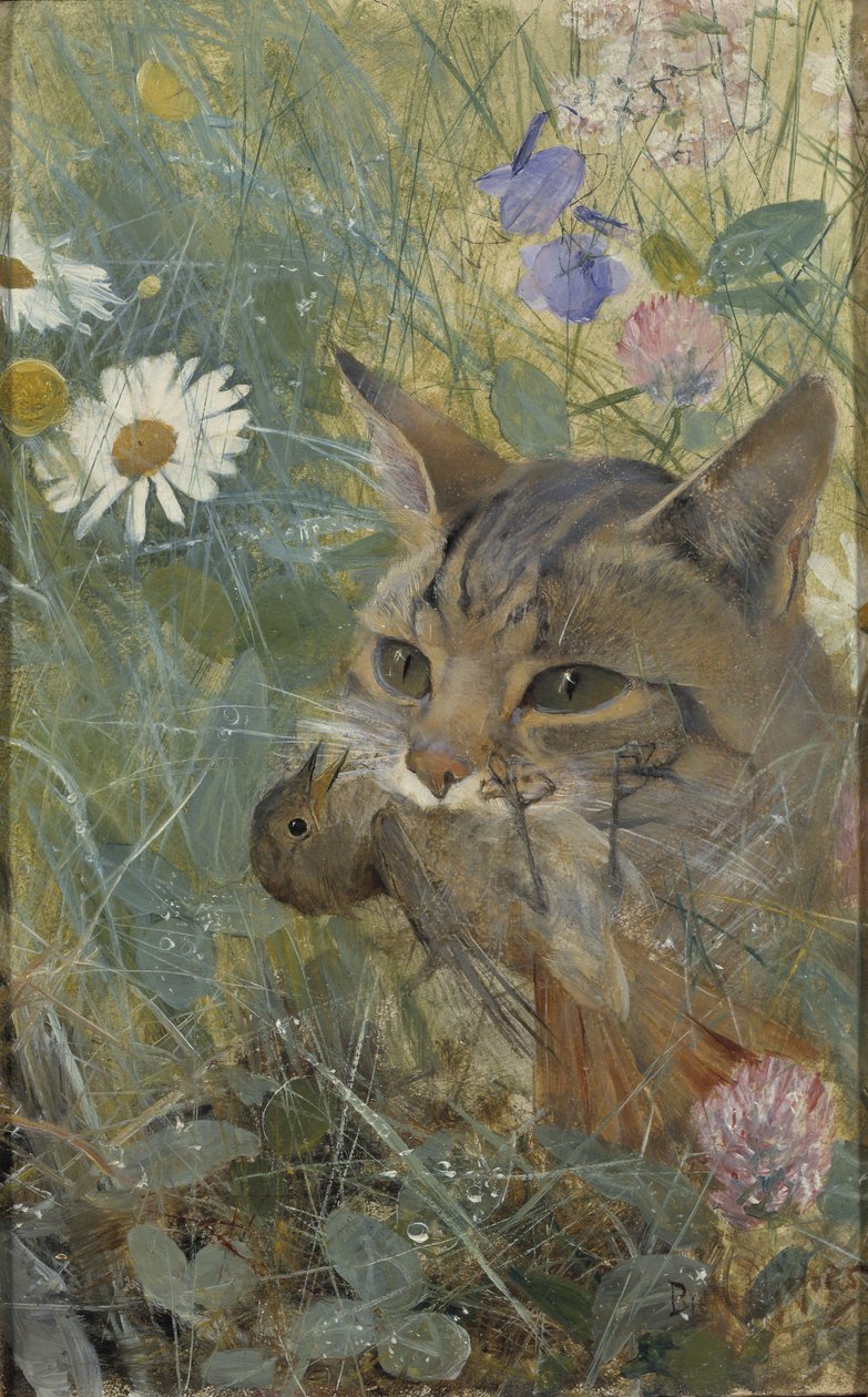 En kat med en ung fugl i munden, 1885 af Bruno Andreas Liljefors